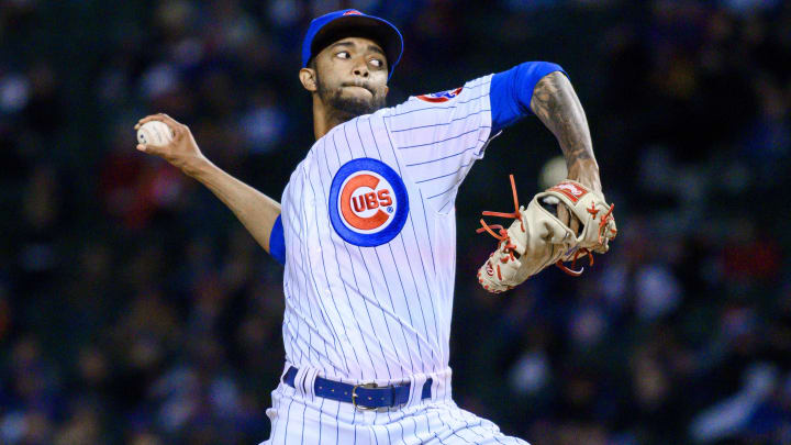 May 21, 2019; Chicago, IL, USA; Chicago Cubs relief pitcher Carl Edwards Jr. (6) pitches during the seventh inning against the Philadelphia Phillies at Wrigley Field