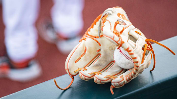An Oregon State glove sits on the dugout at Goss Stadium on Friday, March 7, 2025, in Corvallis, Ore.