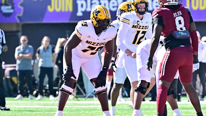 Oct 12, 2024; Amherst, Massachusetts, USA; Missouri Tigers offensive lineman Armand Membou (79) lines up against the Massachusetts Minutemen during the first half at Warren McGuirk Alumni Stadium. Mandatory Credit: Eric Canha-Imagn Images