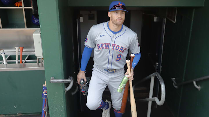 Jul 7, 2024; Pittsburgh, Pennsylvania, USA;  New York Mets center fielder Brandon Nimmo (9) enters the dugout to play the Pittsburgh Pirates at PNC Park. Mandatory Credit: Charles LeClaire-USA TODAY Sports