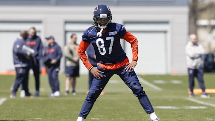 May 9, 2025; Lake Forest, IL, USA; Chicago Bears wide receiver Luther Burden III warms up during the Rookie Minicamp at Halas Hall. Mandatory Credit: Kamil Krzaczynski-Imagn Images