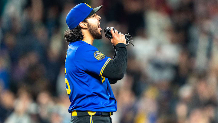 Seattle Mariners closer Andres Munoz celebrates after a game against the Texas Rangers on Sept. 13 at T-Mobile Park. Seattle Mariners closer Andres Munoz celebrates after a game against the Texas Rangers on Sept. 13 at T-Mobile Park.
