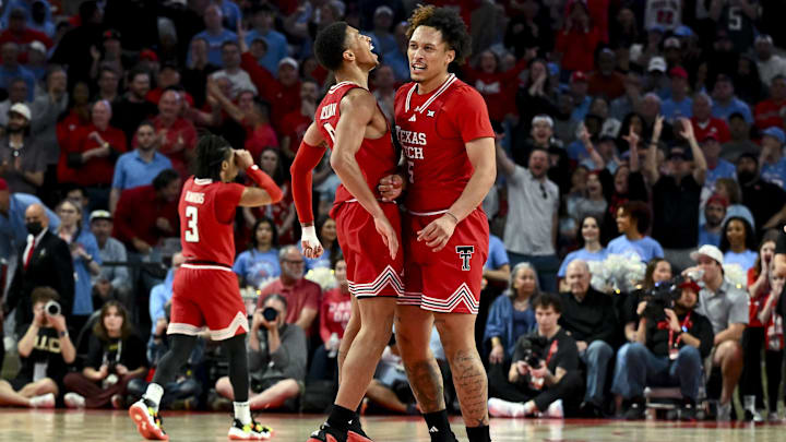 Feb 1, 2025; Houston, Texas, USA; Texas Tech Red Raiders forward Darrion Williams (5) and guard Chance McMillian (0) reacts during the first half at Fertitta Center. Mandatory Credit: Maria Lysaker-Imagn Images 