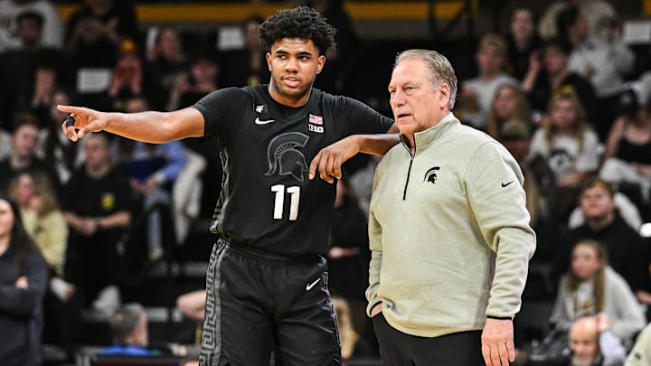 Mar 6, 2025; Iowa City, Iowa, USA; Michigan State Spartans head coach Tom Izzo talks with guard Jase Richardson (11) during the first half against the Iowa Hawkeyes at Carver-Hawkeye Arena. Mandatory Credit: Jeffrey Becker-Imagn Images