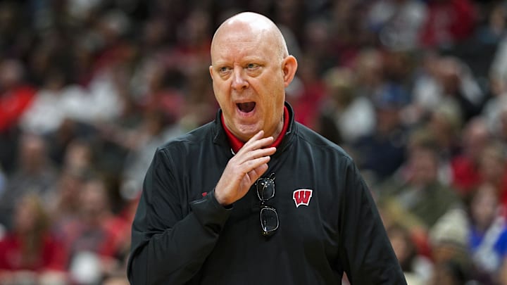 Dec 18, 2025; Kansas City, MO, USA; Wisconsin Badgers head coach Kelly Sheffield reacts during the first set against the Kentucky Wildcats in a 2025 NCAA Women’s Volleyball Championship semifinal match at T-Mobile Center. Mandatory Credit: Jay Biggerstaff-Imagn Images