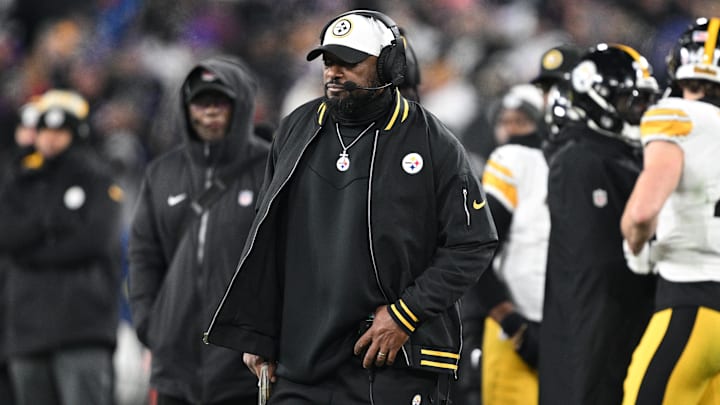 Jan 11, 2025; Baltimore, Maryland, USA; Pittsburgh Steelers head coach Mike Tomlin looks in the third quarter against the Baltimore Ravens in an AFC wild card game at M&T Bank Stadium. Mandatory Credit: Tommy Gilligan-Imagn Images