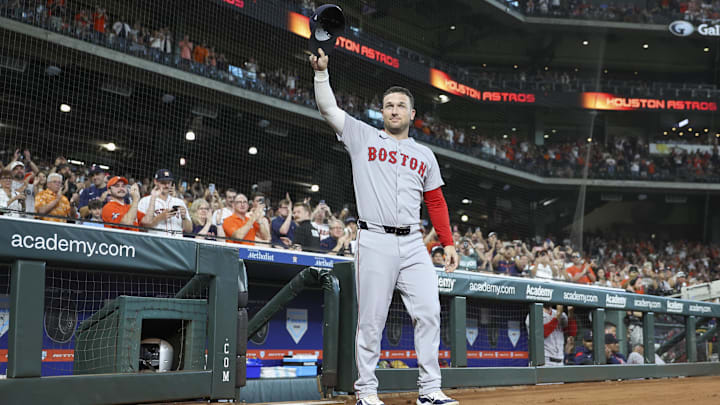 Aug 11, 2025; Houston, Texas, USA; Boston Red Sox third baseman Alex Bregman (2) waives to the crowd after being honored with a video tribute before the game against the Houston Astros at Daikin Park. Mandatory Credit: Troy Taormina-Imagn Images