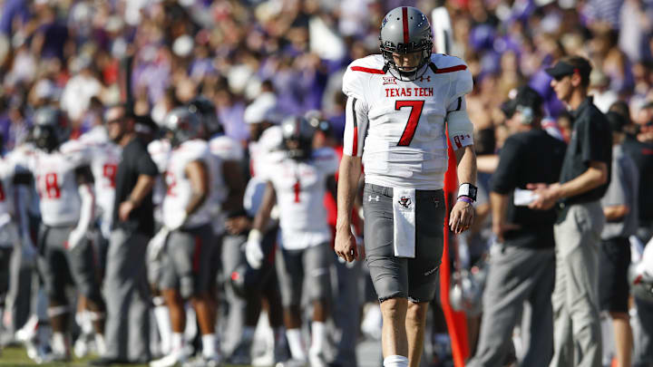 Oct 25, 2014; Fort Worth, TX, USA; Texas Tech Red Raiders quarterback Davis Webb (7) reacts during the game against the TCU Horned Frogs at Amon G. Carter Stadium. TCU won 82-27. Mandatory Credit: Kevin Jairaj-Imagn Images