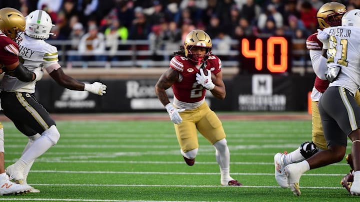 Nov 15, 2025; Chestnut Hill, Massachusetts, USA; Boston College Eagles running back Turbo Richard (2) runs the ball during the first half against Georgia Tech Yellow Jackets at Alumni Stadium. Mandatory Credit: Bob DeChiara-Imagn Images