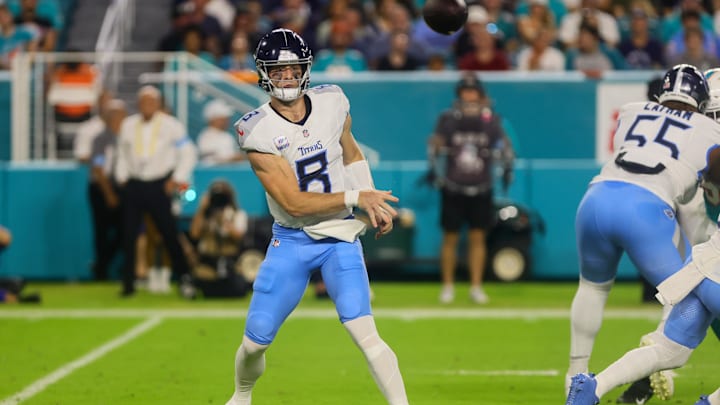 Sep 30, 2024; Miami Gardens, Florida, USA; Tennessee Titans quarterback Will Levis (8) throws the football against the Miami Dolphins during the first quarter at Hard Rock Stadium. Mandatory Credit: Sam Navarro-Imagn Images