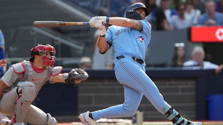 Toronto Blue Jays first baseman Spencer Horwitz (48) hits a single against the Philadelphia Phillies during the seventh inning at Rogers Centre. 