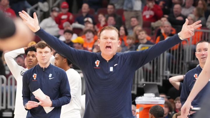 Mar 13, 2026; Chicago, IL, USA; Illinois Fighting Illini head coach Brad Underwood gestures to refs against the Wisconsin Badgers during the second half at United Center. Mandatory Credit: David Banks-Imagn Images