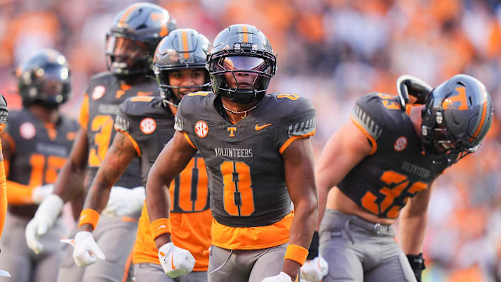 Tennessee defensive back Colton Hood (8) and the Tennessee defense celebrate after a play stopping the New Mexico State offense in an NCAA college football game on November 15, 2025, in Knoxville, Tenn.
