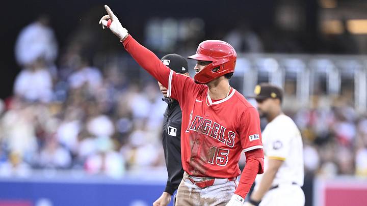 May 14, 2025; San Diego, California, USA; Los Angeles Angels left fielder Matthew Lugo (15) gestures after hititng a double during the third inning against the San Diego Padres at Petco Park. Mandatory Credit: Denis Poroy-Imagn Images May 14, 2025; San Diego, California, USA; Los Angeles Angels left fielder Matthew Lugo (15) gestures after hititng a double during the third inning against the San Diego Padres at Petco Park. Mandatory Credit: Denis Poroy-Imagn Images