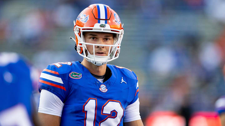 Sep 9, 2023; Gainesville, Florida, USA; Florida Gators quarterback Micah Leon (12) participates in a drill before the game against the McNeese State Cowboys at Ben Hill Griffin Stadium. Mandatory Credit: Matt Pendleton-Imagn Images