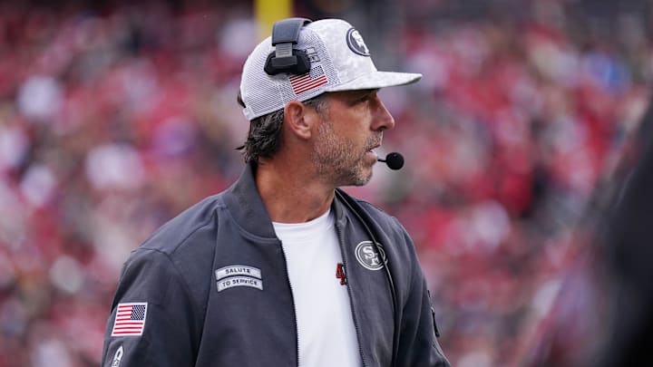 Nov 17, 2024; Santa Clara, California, USA; San Francisco 49ers head coach Kyle Shanahan watches the action against the Seattle Seahawks in the fourth quarter at Levi's Stadium.