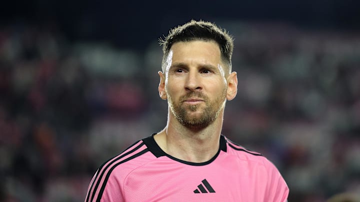 May 4, 2024; Fort Lauderdale, Florida, USA; Inter Miami CF forward Lionel Messi (10) celebrates.