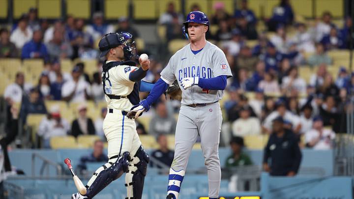 Apr 25, 2026; Los Angeles, California, USA; Chicago Cubs outfielder Pete Crow-Armstrong (4) reacts after striking out against the Los Angeles Dodgers during the eighth inning at Dodger Stadium. Mandatory Credit: Kiyoshi Mio-Imagn Images Apr 25, 2026; Los Angeles, California, USA; Chicago Cubs outfielder Pete Crow-Armstrong (4) reacts after striking out against the Los Angeles Dodgers during the eighth inning at Dodger Stadium. Mandatory Credit: Kiyoshi Mio-Imagn Images