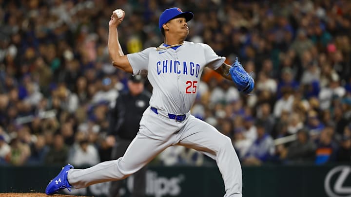 Apr 13, 2024; Seattle, Washington, USA; Chicago Cubs relief pitcher Yency Almonte (25) throws against the Seattle Mariners during the eighth inning at T-Mobile Park Apr 13, 2024; Seattle, Washington, USA; Chicago Cubs relief pitcher Yency Almonte (25) throws against the Seattle Mariners during the eighth inning at T-Mobile Park