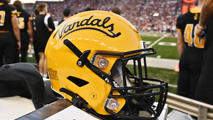 Sep 3, 2022; Pullman, Washington, USA; Idaho Vandals helmet sits against the Washington State Cougars in the first half at Gesa Field at Martin Stadium. Mandatory Credit: James Snook-Imagn Images