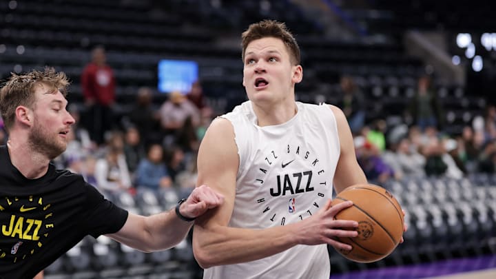 Mar 17, 2025; Salt Lake City, Utah, USA;  Utah Jazz center Walker Kessler (24) warms up before the game against the Chicago Bulls at Delta Center. Mandatory Credit: Chris Nicoll-Imagn Images