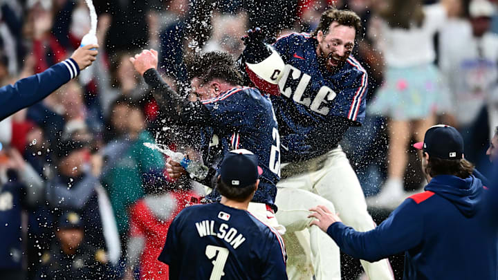 Aug 29, 2025; Cleveland, Ohio, USA; Cleveland Guardians left fielder Steven Kwan (38) celebrates with teammates after hitting a game winning sacrifice fly against the Seattle Mariners during the ninth inning at Progressive Field. Mandatory Credit: Ken Blaze-Imagn Images