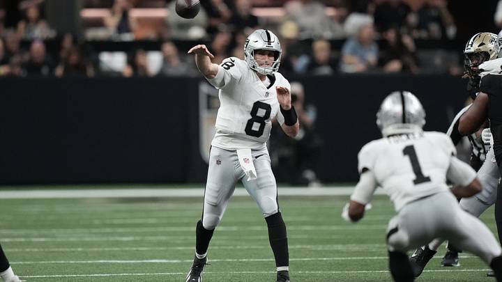 Sep 27, 2026; New Orleans, Louisiana, USA; Las Vegas Raiders quarterback Kirk Cousins (8) throws in the second quarter against the New Orleans Saints at Caesars Superdome. Mandatory Credit: Matthew Hinton-Imagn Images Sep 27, 2026; New Orleans, Louisiana, USA; Las Vegas Raiders quarterback Kirk Cousins (8) throws in the second quarter against the New Orleans Saints at Caesars Superdome. Mandatory Credit: Matthew Hinton-Imagn Images