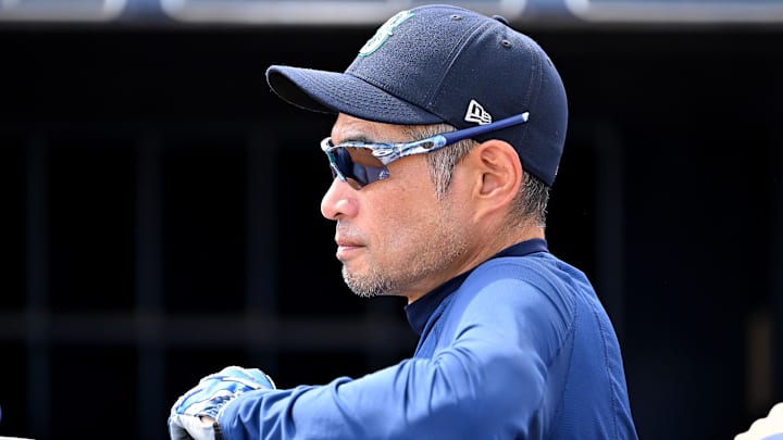 Feb 28, 2023; Peoria, Arizona, USA; Seattle Mariners coach Ichiro Suzuki (51) looks on from the dugout during the spring training game against the Cleveland Guardians at the Peoria Sports Complex. Mandatory Credit: Jayne Kamin-Oncea-Imagn Images