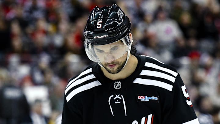 New Jersey Devils defenseman Brenden Dillon (5). Mandatory Credit: John Jones-Imagn Images