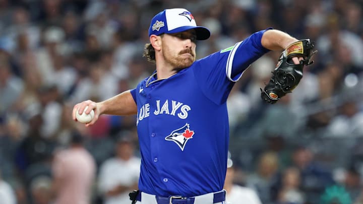 Oct 7, 2025; Bronx, New York, USA; Toronto Blue Jays starting pitcher Shane Bieber (57) delivers a pitch against the New York Yankees in the first inning during game three of the ALDS round for the 2025 MLB playoffs at Yankee Stadium. Oct 7, 2025; Bronx, New York, USA; Toronto Blue Jays starting pitcher Shane Bieber (57) delivers a pitch against the New York Yankees in the first inning during game three of the ALDS round for the 2025 MLB playoffs at Yankee Stadium.
