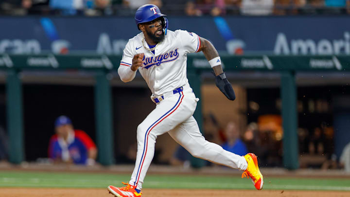 Sep 4, 2024; Arlington, Texas, USA; Texas Rangers outfielder Adolis García (53) runs towards second base during the first inning against the New York Yankees at Globe Life Field. Mandatory Credit: Andrew Dieb-Imagn Images