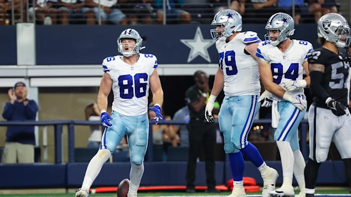 Aug 26, 2023; Arlington, Texas, USA;  Dallas Cowboys tight end Luke Schoonmaker (86) celebrates