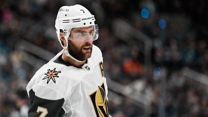 Dec 27, 2024; San Jose, California, USA; Vegas Golden Knights defenseman Alex Pietrangelo (7) skates against the San Jose Sharks in the second period at SAP Center at San Jose. Mandatory Credit: Eakin Howard-Imagn Images Dec 27, 2024; San Jose, California, USA; Vegas Golden Knights defenseman Alex Pietrangelo (7) skates against the San Jose Sharks in the second period at SAP Center at San Jose. Mandatory Credit: Eakin Howard-Imagn Images