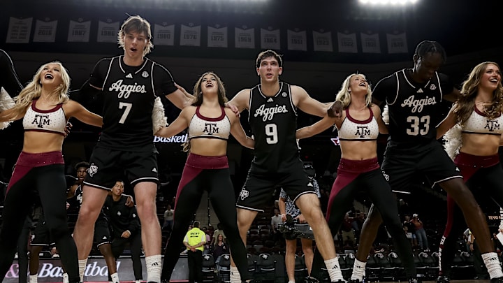 Nov 21, 2025; College Station, Texas, USA; Texas A&M Aggies celebrates their win against the Manhattan Jaspers at Reed Arena. Mandatory Credit: Maria Lysaker-Imagn Images 