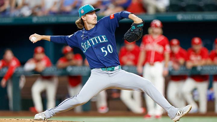 Jul 24, 2026; Arlington, Texas, USA; Seattle Mariners pitcher Bryce Miller (50) throws during the first inning against the Texas Rangers at Globe Life Field. Mandatory Credit: Andrew Dieb-Imagn Images Jul 24, 2026; Arlington, Texas, USA; Seattle Mariners pitcher Bryce Miller (50) throws during the first inning against the Texas Rangers at Globe Life Field. Mandatory Credit: Andrew Dieb-Imagn Images