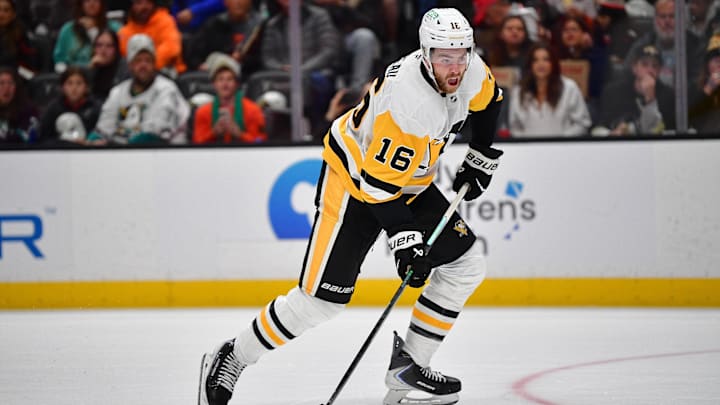 Oct 14, 2025; Anaheim, California, USA; Pittsburgh Penguins right wing Justin Brazeau (16) moves in for a shot against the Anaheim Ducks during the first period at Honda Center. Mandatory Credit: Gary A. Vasquez-Imagn Images