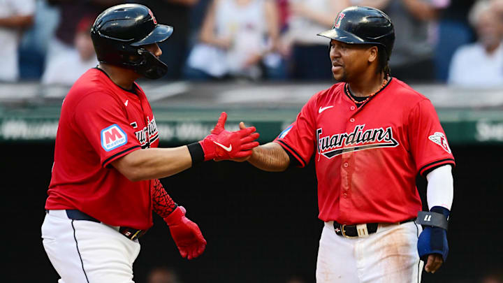Jun 19, 2024; Cleveland, Ohio, USA; Cleveland Guardians first baseman Josh Naylor (22) celebrates with third baseman Jose Ramirez (11) after hitting a home run during the fifth inning against the Seattle Mariners at Progressive Field. Mandatory Credit: Ken Blaze-Imagn Images