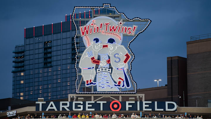 May 15, 2024; Minneapolis, Minnesota, USA; Minneapolis and St. Paul are featured in a display in the outfield of the home of the Minnesota Twins, Target Field. May 15, 2024; Minneapolis, Minnesota, USA; Minneapolis and St. Paul are featured in a display in the outfield of the home of the Minnesota Twins, Target Field.
