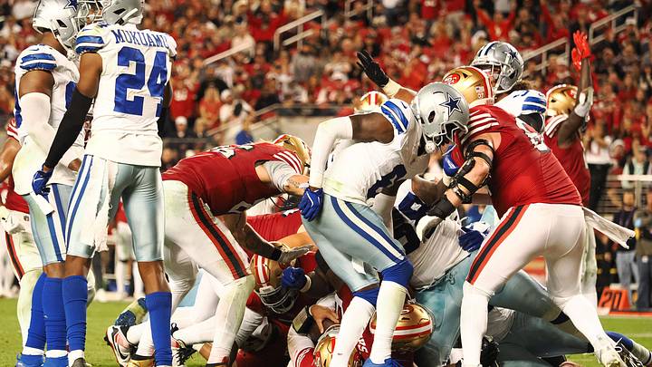 Oct 27, 2024; Santa Clara, California, USA; San Francisco 49ers quarterback Brock Purdy (13) scores a touchdown against the Dallas Cowboys during the third quarter at Levi's Stadium. Mandatory Credit: Kelley L Cox-Imagn Images Oct 27, 2024; Santa Clara, California, USA; San Francisco 49ers quarterback Brock Purdy (13) scores a touchdown against the Dallas Cowboys during the third quarter at Levi's Stadium. Mandatory Credit: Kelley L Cox-Imagn Images