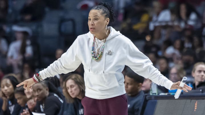 Mar 30, 2025; Birmingham, AL, USA; South Carolina Gamecocks head coach Dawn Staley signals to her team during the first half of an Elite 8 NCAA Tournament basketball game against the Duke Blue Devils at Legacy Arena. Mandatory Credit: Vasha Hunt-Imagn Images