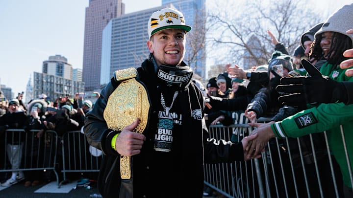 Philadelphia Eagles cornerback Cooper DeJean celebrates during the Super Bowl LIX championship parade.