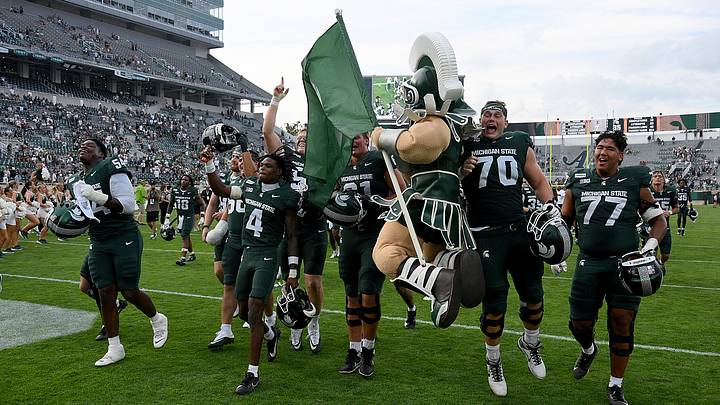 Sep 12, 2026; East Lansing, Michigan, USA; Michigan State Spartans celebrate their win over the Eastern Michigan Eagles at Spartan Stadium. Mandatory Credit: Dale Young-Imagn Images Sep 12, 2026; East Lansing, Michigan, USA; Michigan State Spartans celebrate their win over the Eastern Michigan Eagles at Spartan Stadium. Mandatory Credit: Dale Young-Imagn Images