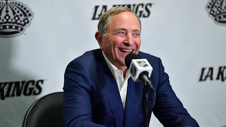 Feb 22, 2025; Los Angeles, California, USA; NHL commissioner Gary Bettman speaks during media availabilities before the Los Angeles Kings play against the Utah Hockey Club at Crypto.com Arena. Mandatory Credit: Gary A. Vasquez-Imagn Images