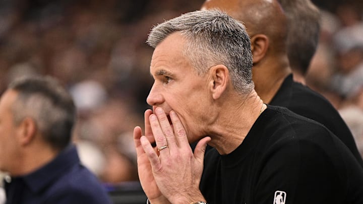 Nov 10, 2025; Chicago, Illinois, USA;  Chicago Bulls head coach Billy Donovan directs the team during the first half against the San Antonio Spurs at United Center. Mandatory Credit: Matt Marton-Imagn Images