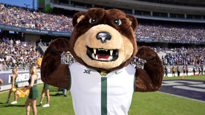 Nov 9, 2019; Fort Worth, TX, USA; Baylor Bears mascot Bruiser the Bear poses during a game against the TCU Horned Frogs at Amon G. Carter Stadium. Mandatory Credit: Kirby Lee-Imagn Images