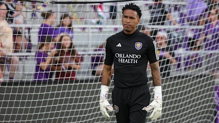 May 4, 2024; Orlando, Florida, USA; Orlando City goalkeeper Pedro Gallese (1) warms up before the
