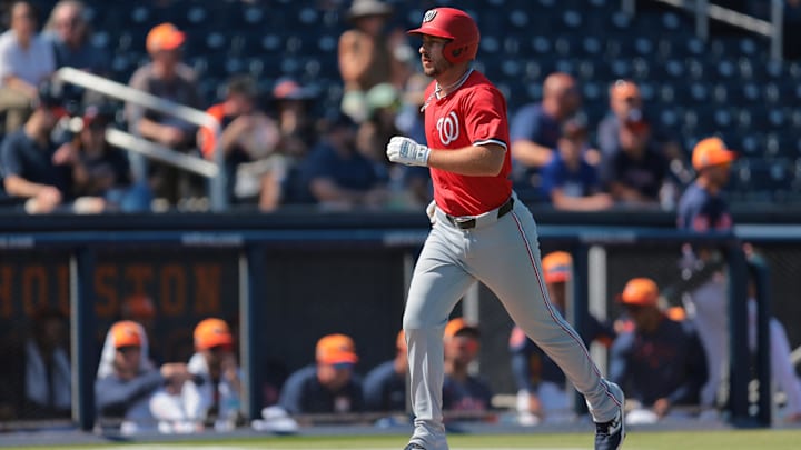 Mar 2, 2025; West Palm Beach, Florida, USA; Washington Nationals third baseman Paul DeJong (14) circles the bases after hitting a two-run home run against the Houston Astros during the third inning at CACTI Park of the Palm Beaches. Mar 2, 2025; West Palm Beach, Florida, USA; Washington Nationals third baseman Paul DeJong (14) circles the bases after hitting a two-run home run against the Houston Astros during the third inning at CACTI Park of the Palm Beaches.