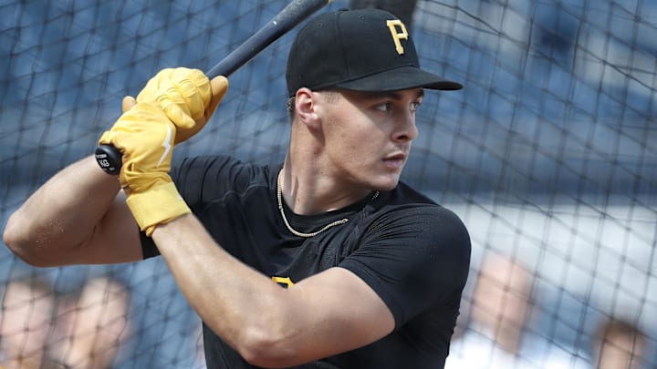 Aug 2, 2024; Pittsburgh, Pennsylvania, USA;  Pittsburgh Pirates shortstop Konnor Griffin who was the ninth overall pick in first round of the 2024 First-Year Player Draft in the batting cage before a game against the Arizona Diamondbacks at PNC Park. Mandatory Credit: Charles LeClaire-Imagn Images