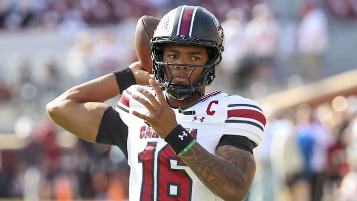 Oct 19, 2024; Norman, Oklahoma, USA;  South Carolina Gamecocks quarterback LaNorris Sellers (16) warms up before the game against the Oklahoma Sooners at Gaylord Family-Oklahoma Memorial Stadium. Mandatory Credit: Kevin Jairaj-Imagn Images