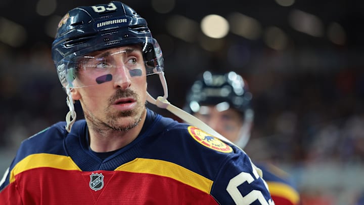 Jan 2, 2026; Miami, Florida, USA; Florida Panthers left wing Brad Marchand (63) looks on prior to the third period in the 2026 Winter Classic ice hockey game against the New York Rangers at loanDepot Park. Mandatory Credit: Sam Navarro-Imagn Images